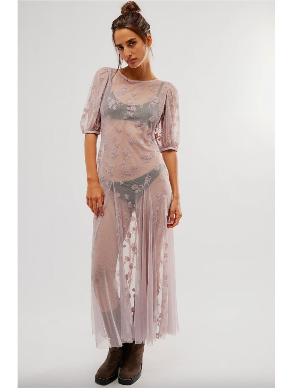Free People Viola Sheer Embroidered Midi Dress Lavender Nwt